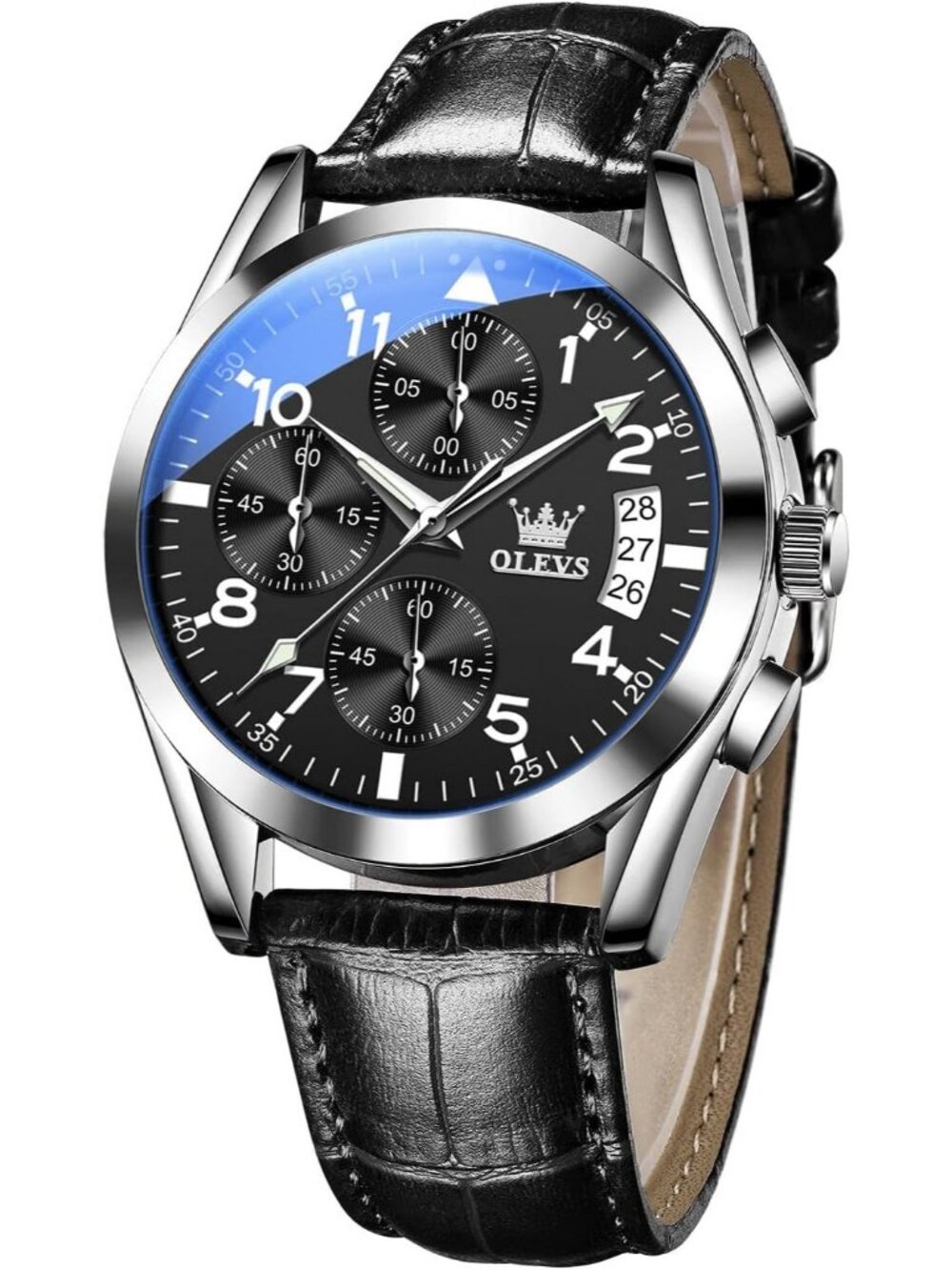 Men's Silver Black Leather Chronograph Watch Big Face Waterproof Luminous Watch
